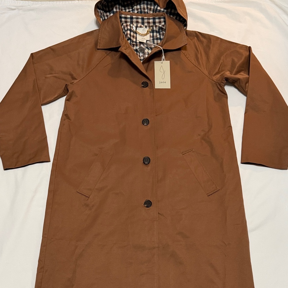 Joie Brown Hooded Trench Coat with Gingham Lining S NWT
